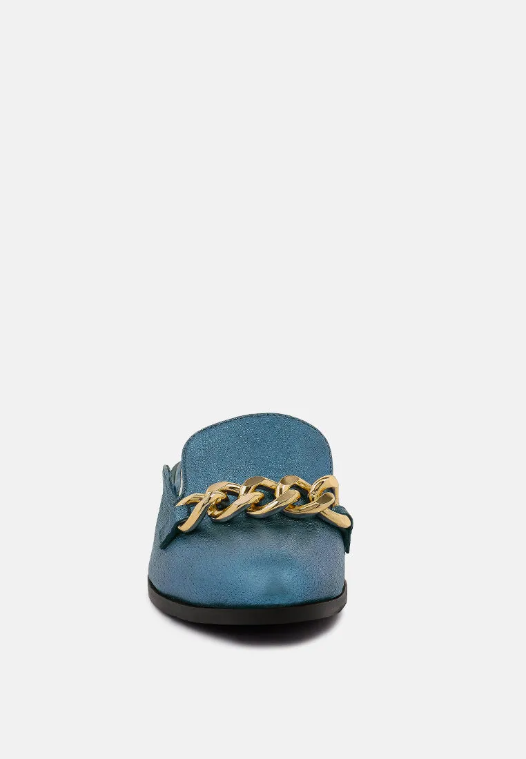 Aksa Chain Embellished Metallic Leather Mules By Ruw