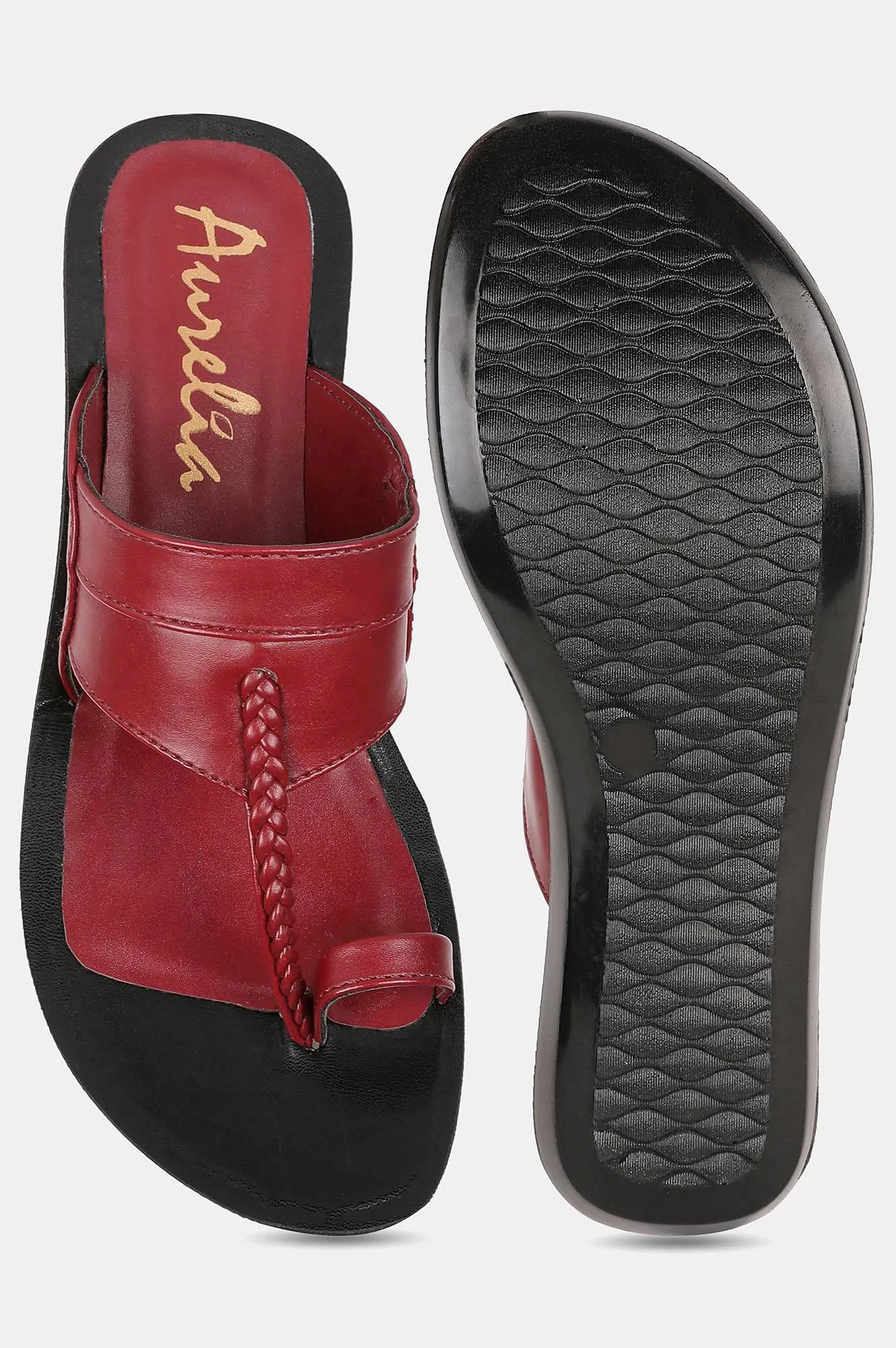 Aurelia Burgundy Woven Design Almond Toe Flat-Zdarlene