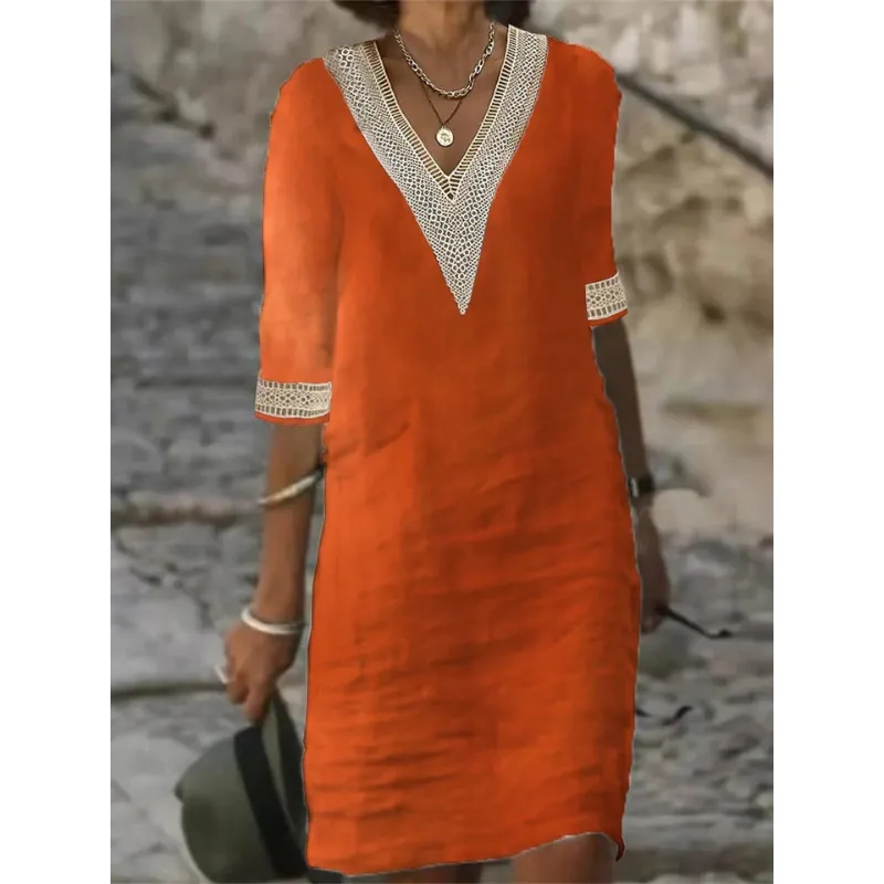 Beatrice | Women's Elegant Crochet Trim V-Neck Dress | Midi
