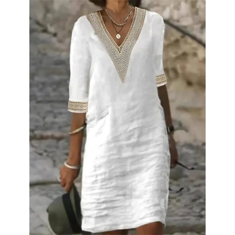 Beatrice | Women's Elegant Crochet Trim V-Neck Dress | Midi