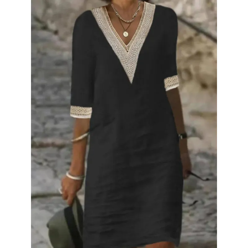 Beatrice | Women's Elegant Crochet Trim V-Neck Dress | Midi