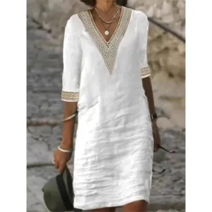 Beatrice | Women's Elegant Crochet Trim V-Neck Dress | Midi
