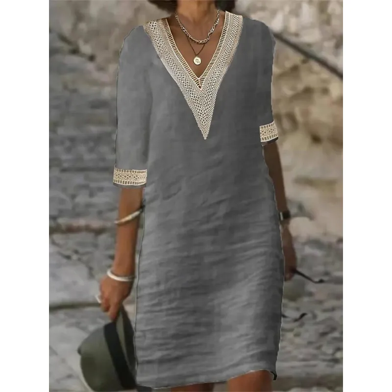 Beatrice | Women's Elegant Crochet Trim V-Neck Dress | Midi