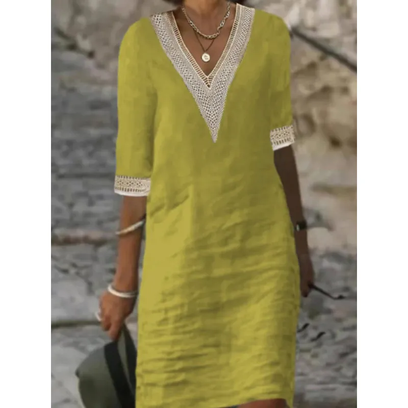 Beatrice | Women's Elegant Crochet Trim V-Neck Dress | Midi