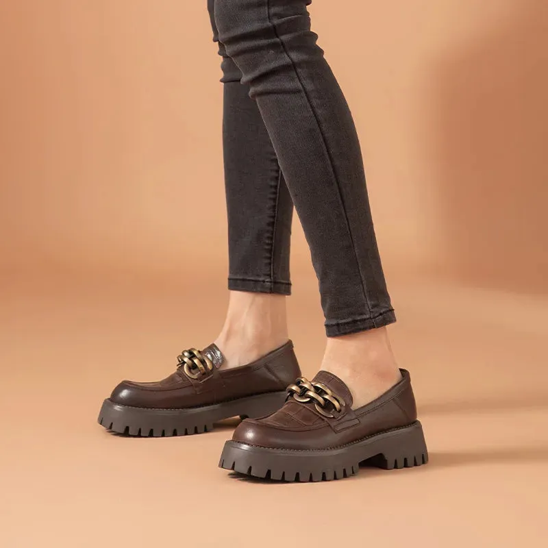 BeauToday Platform Loafers Women Genuine Cow Leather 2023 Fashion Metal Chain Slip on Female Official Flats Handmade J27748