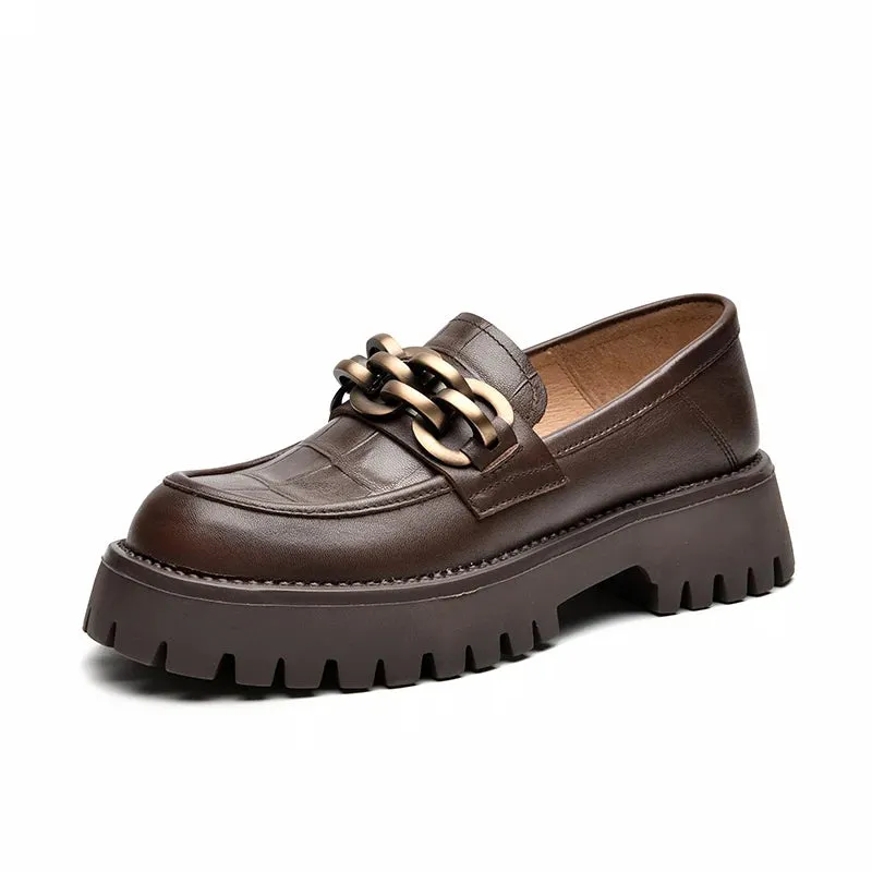 BeauToday Platform Loafers Women Genuine Cow Leather 2023 Fashion Metal Chain Slip on Female Official Flats Handmade J27748