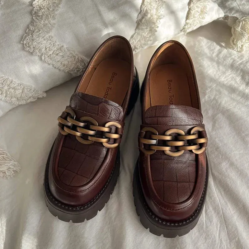 BeauToday Platform Loafers Women Genuine Cow Leather 2023 Fashion Metal Chain Slip on Female Official Flats Handmade J27748