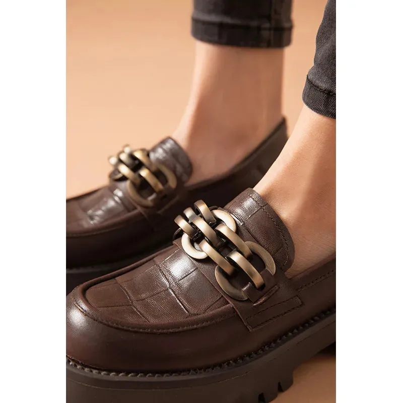 BeauToday Platform Loafers Women Genuine Cow Leather 2023 Fashion Metal Chain Slip on Female Official Flats Handmade J27748