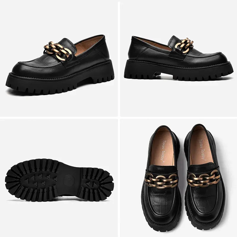 BeauToday Platform Loafers Women Genuine Cow Leather 2023 Fashion Metal Chain Slip on Female Official Flats Handmade J27748