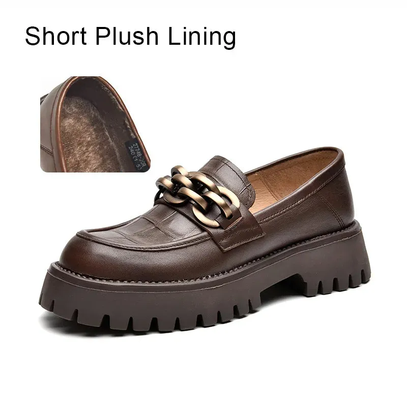 BeauToday Platform Loafers Women Genuine Cow Leather 2023 Fashion Metal Chain Slip on Female Official Flats Handmade J27748