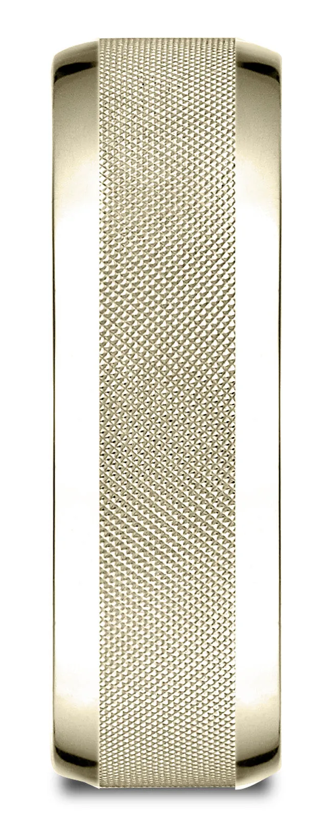 Benchmark 10k Yellow Gold 7mm Comfort-Fit High Polish Round Edge Cross Hatch Center Design Band, (4-15)