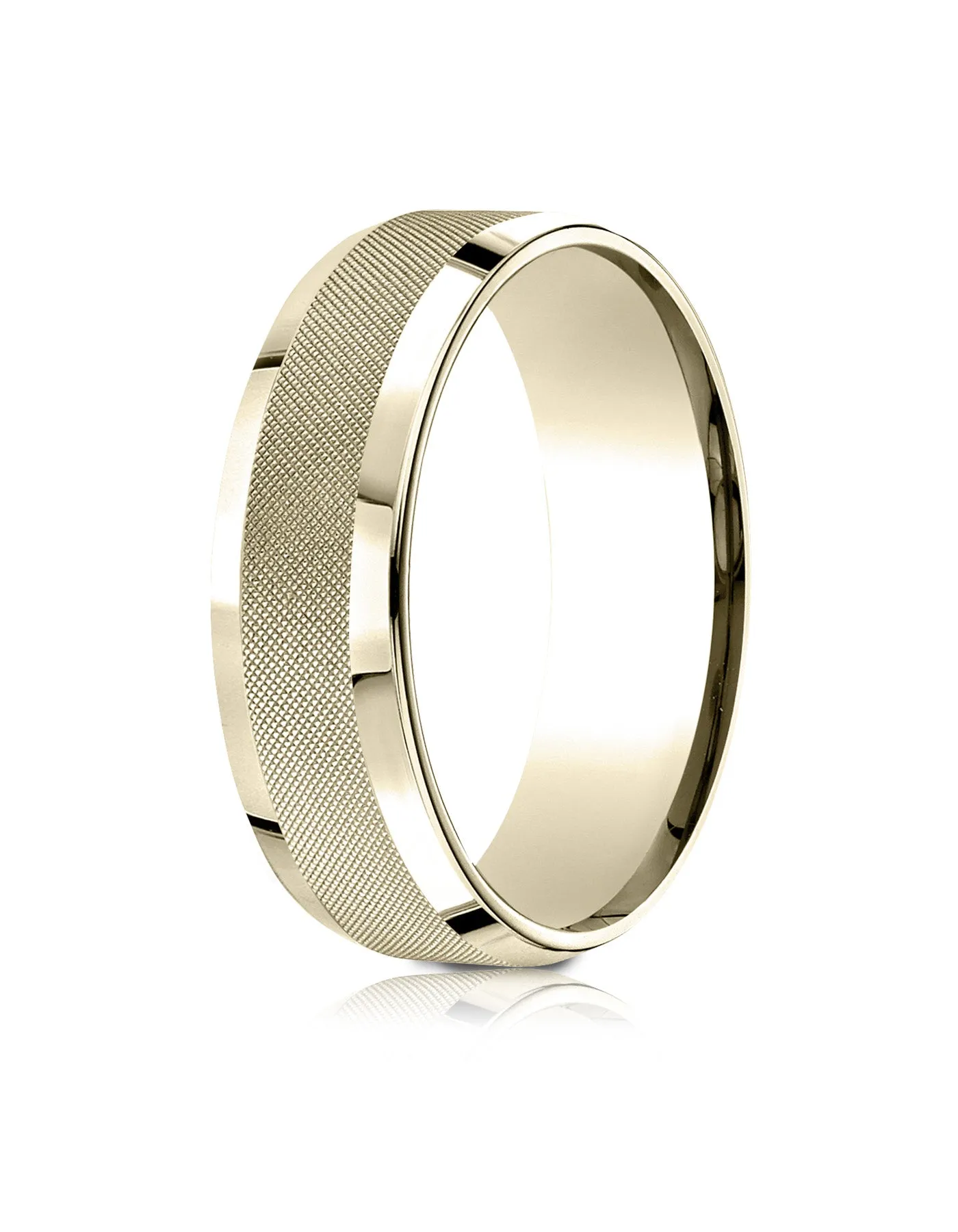 Benchmark 10k Yellow Gold 7mm Comfort-Fit High Polish Round Edge Cross Hatch Center Design Band, (4-15)