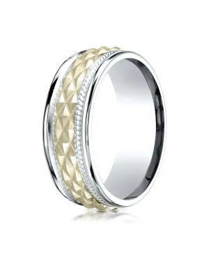 Benchmark 14K Two-Toned Gold 8mm Comfort-Fit Round Edge Cross Hatch Patterned Band, (Sizes 6-13)