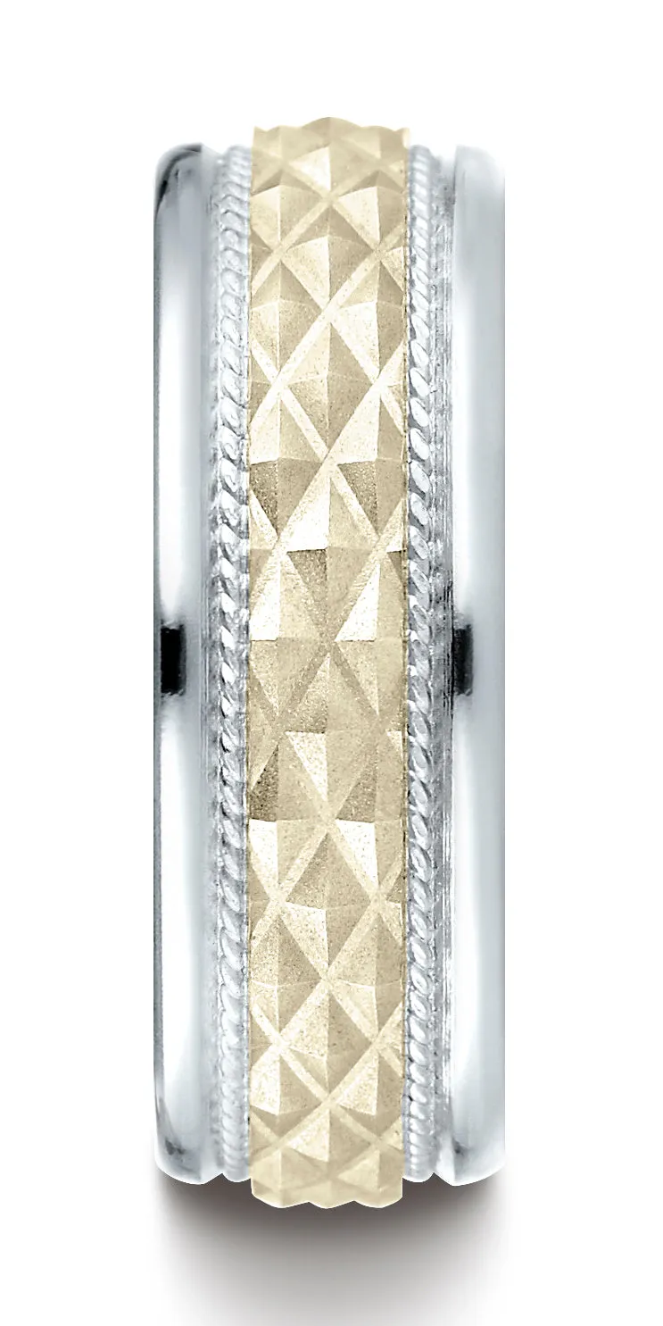 Benchmark 14K Two-Toned Gold 8mm Comfort-Fit Round Edge Cross Hatch Patterned Band, (Sizes 6-13)