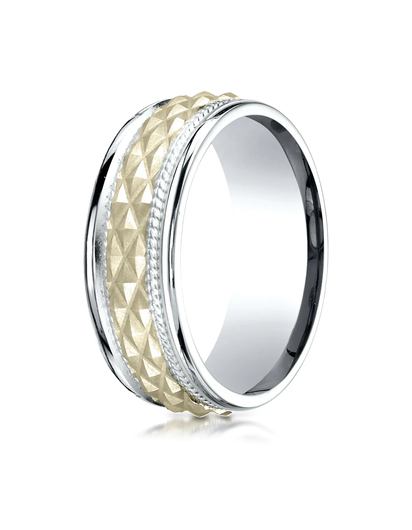 Benchmark 14K Two-Toned Gold 8mm Comfort-Fit Round Edge Cross Hatch Patterned Band, (Sizes 6-13)