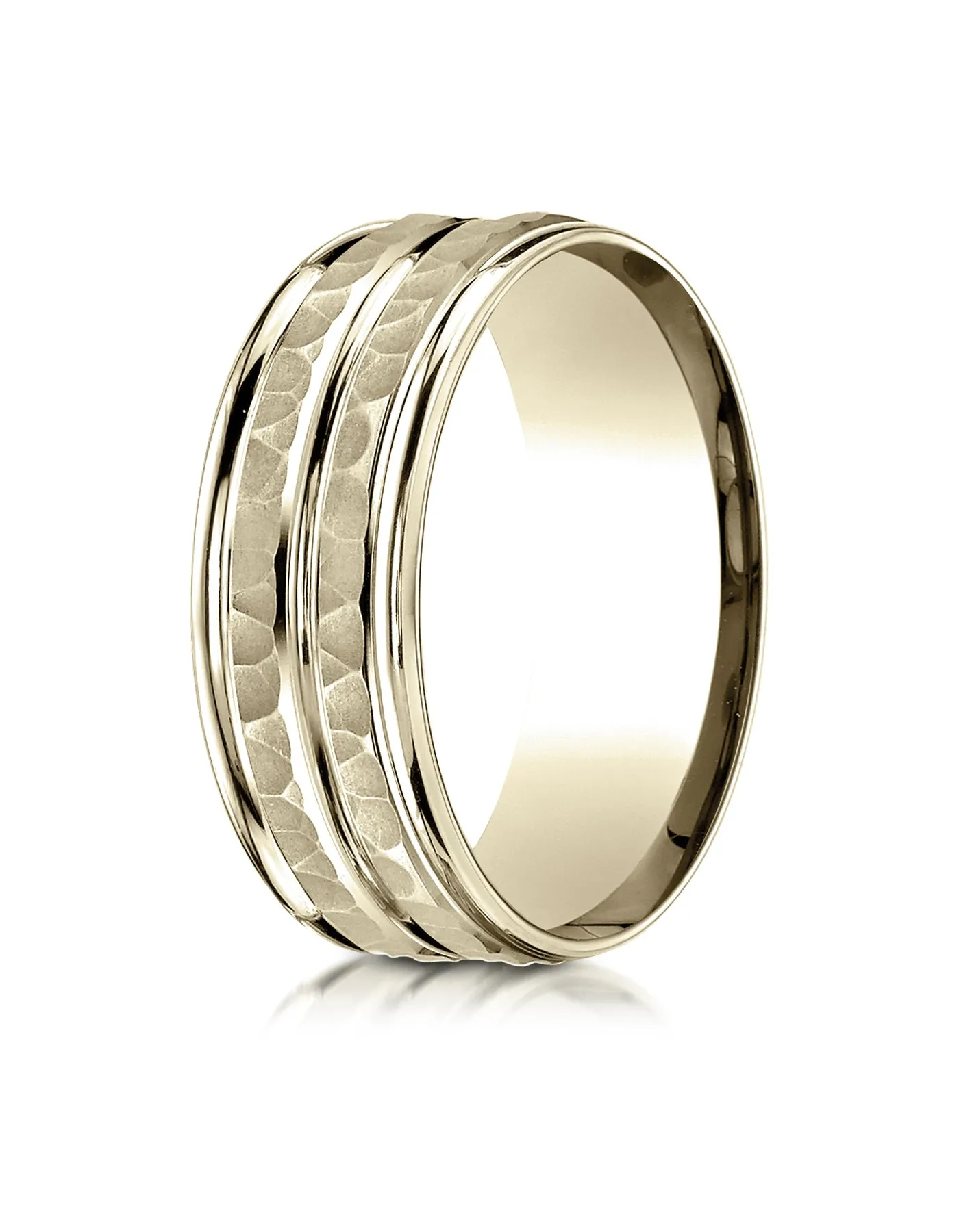 Benchmark 14K Yellow Gold 8mm Comfort-Fit Hammer-Finished High Polished Center Trim and Round Edge Band