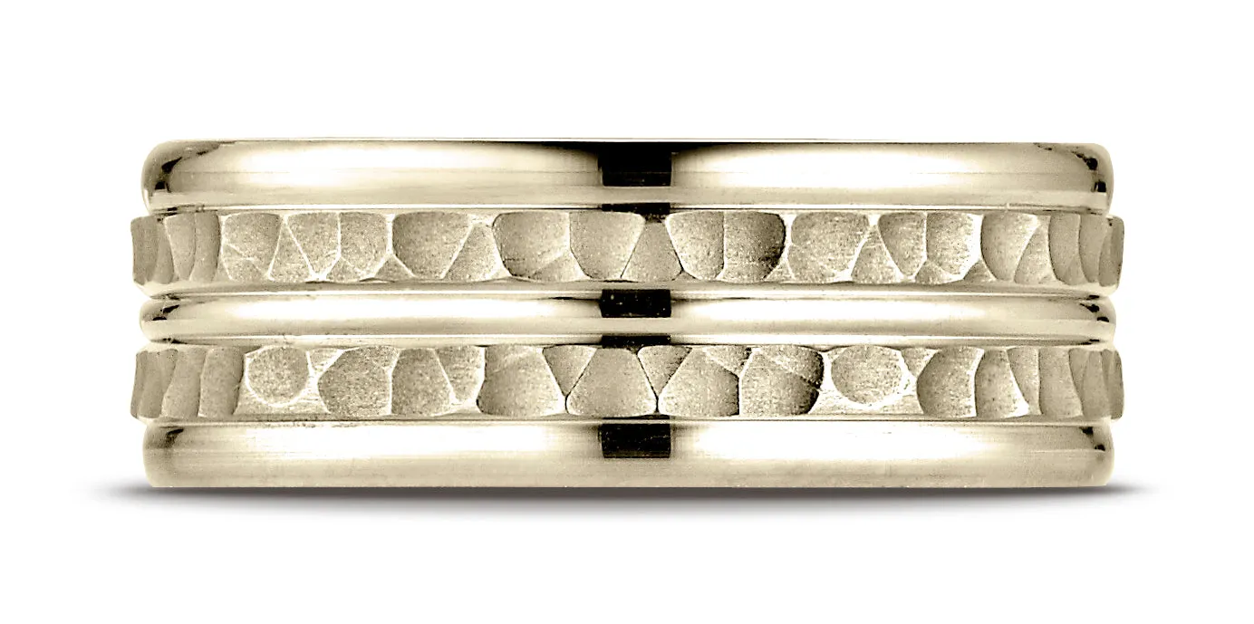 Benchmark 14K Yellow Gold 8mm Comfort-Fit Hammer-Finished High Polished Center Trim and Round Edge Band