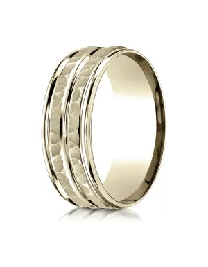 Benchmark 14K Yellow Gold 8mm Comfort-Fit Hammer-Finished High Polished Center Trim and Round Edge Band