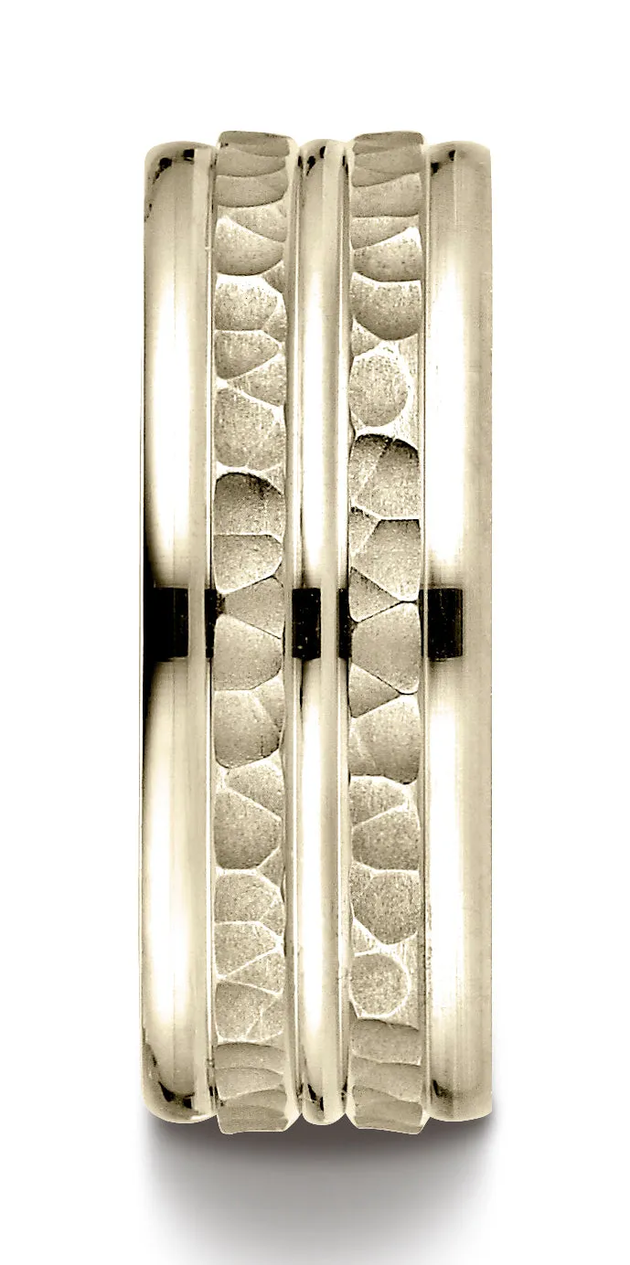 Benchmark 14K Yellow Gold 8mm Comfort-Fit Hammer-Finished High Polished Center Trim and Round Edge Band