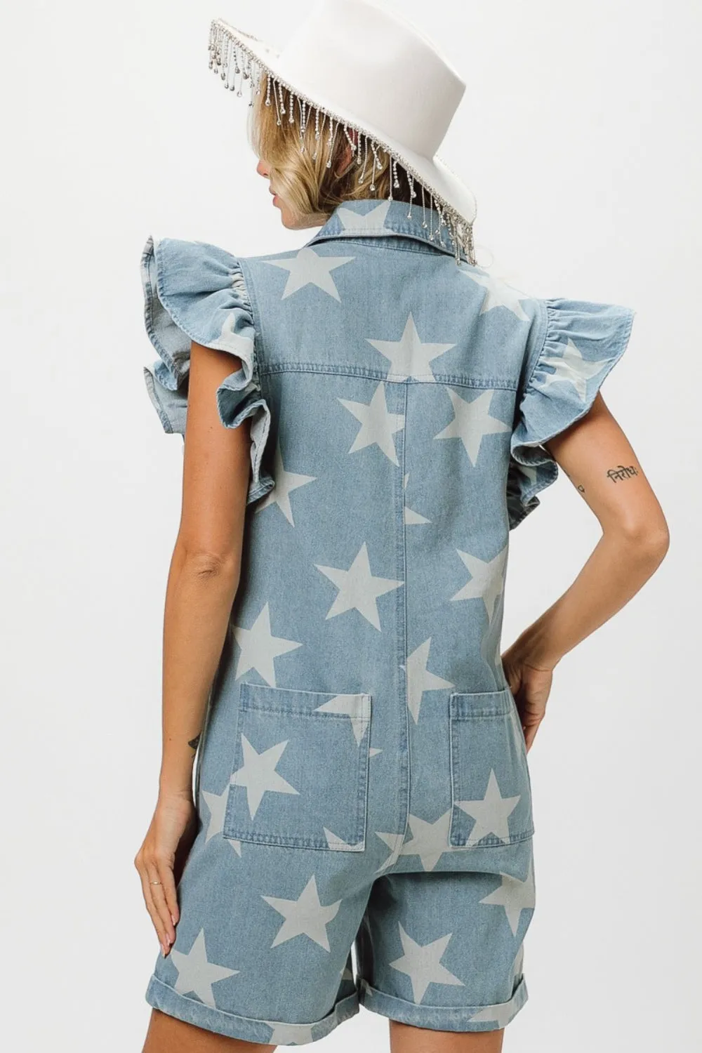 BiBi Womens Ruffled Sleeve Star Half-Zip Denim Romper