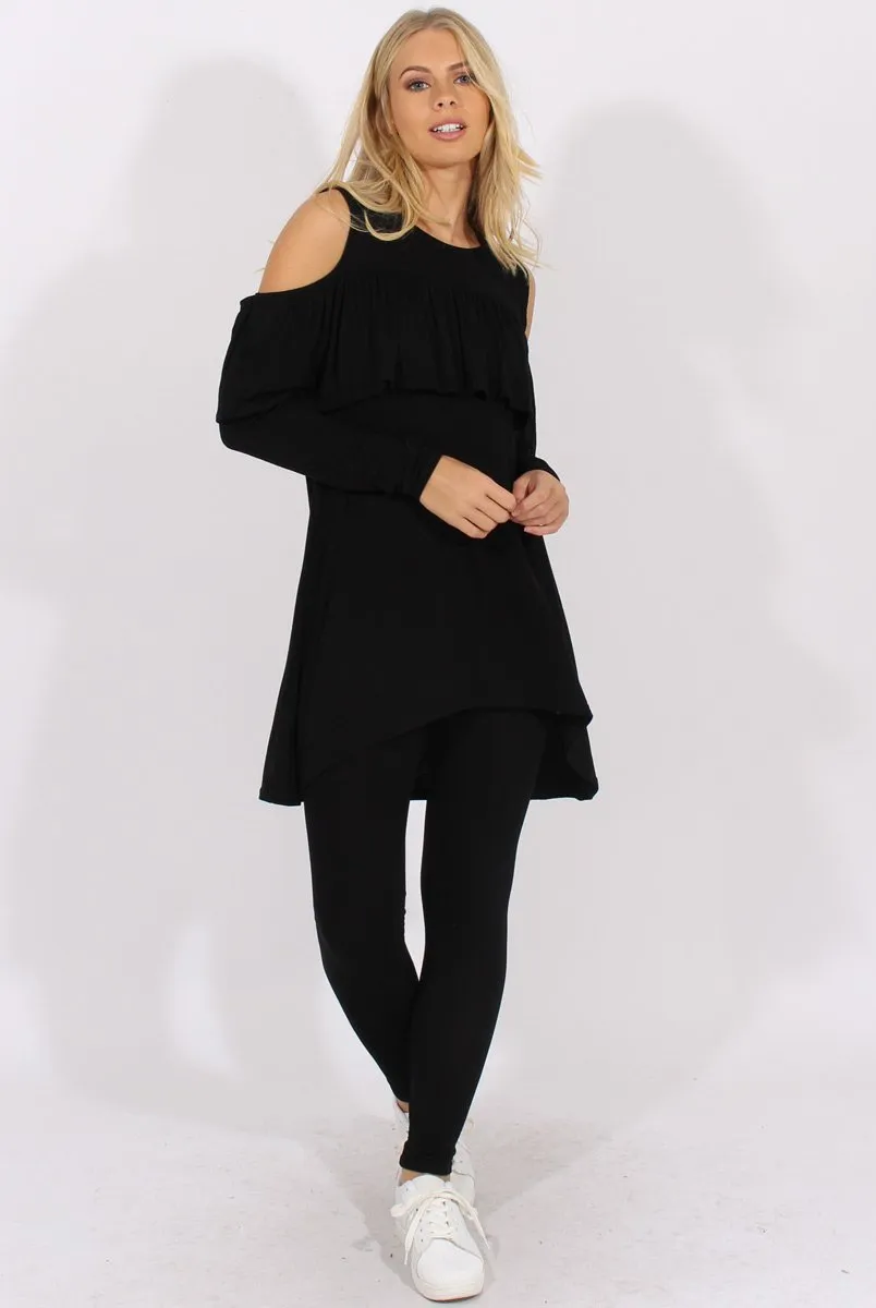 Black Cold Shoulder Frill Dipped Hem Tracksuit - Tammy