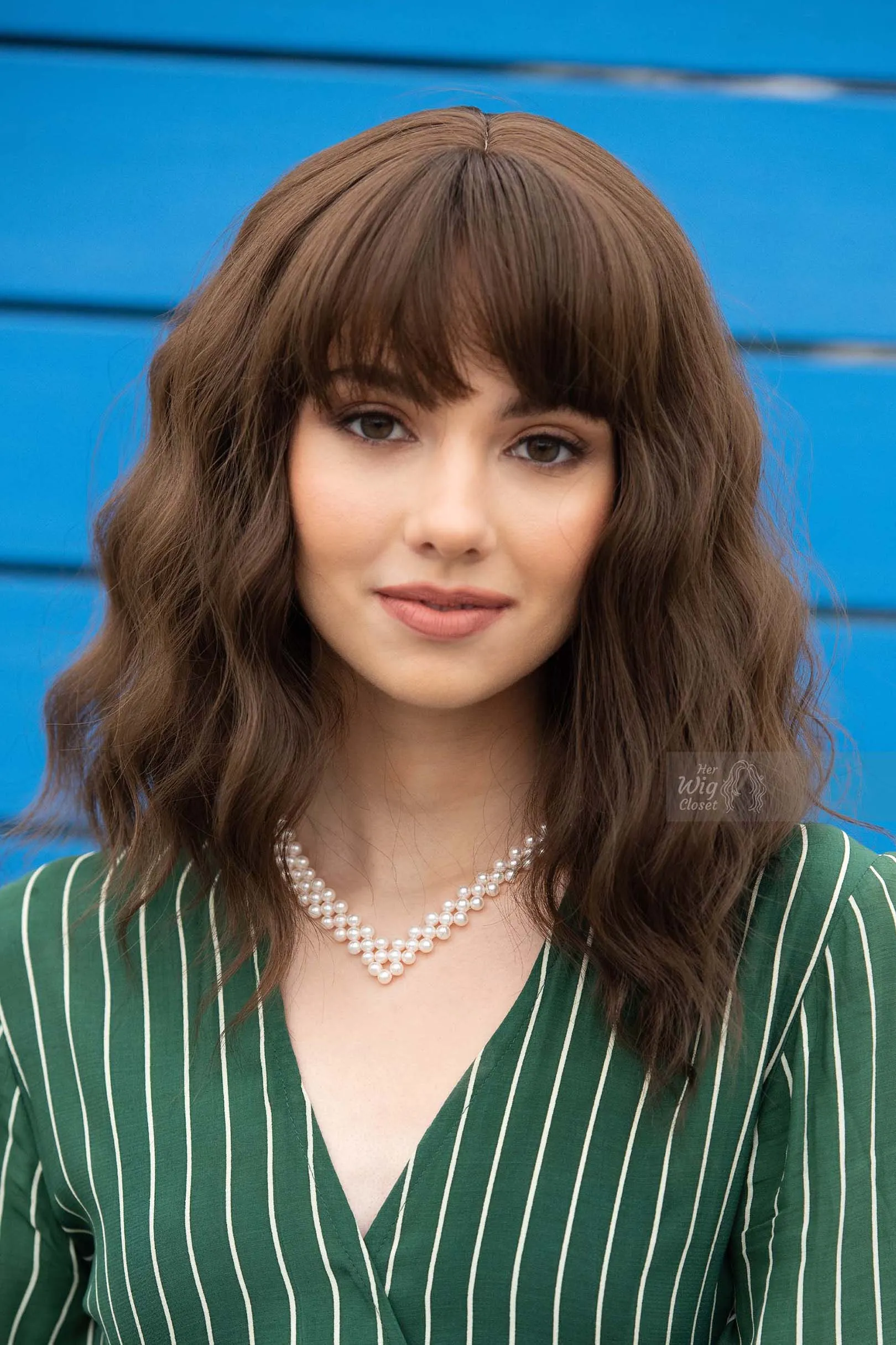 Brunette Dark Brown Wavy Synthetic Wig with Bangs Natalie