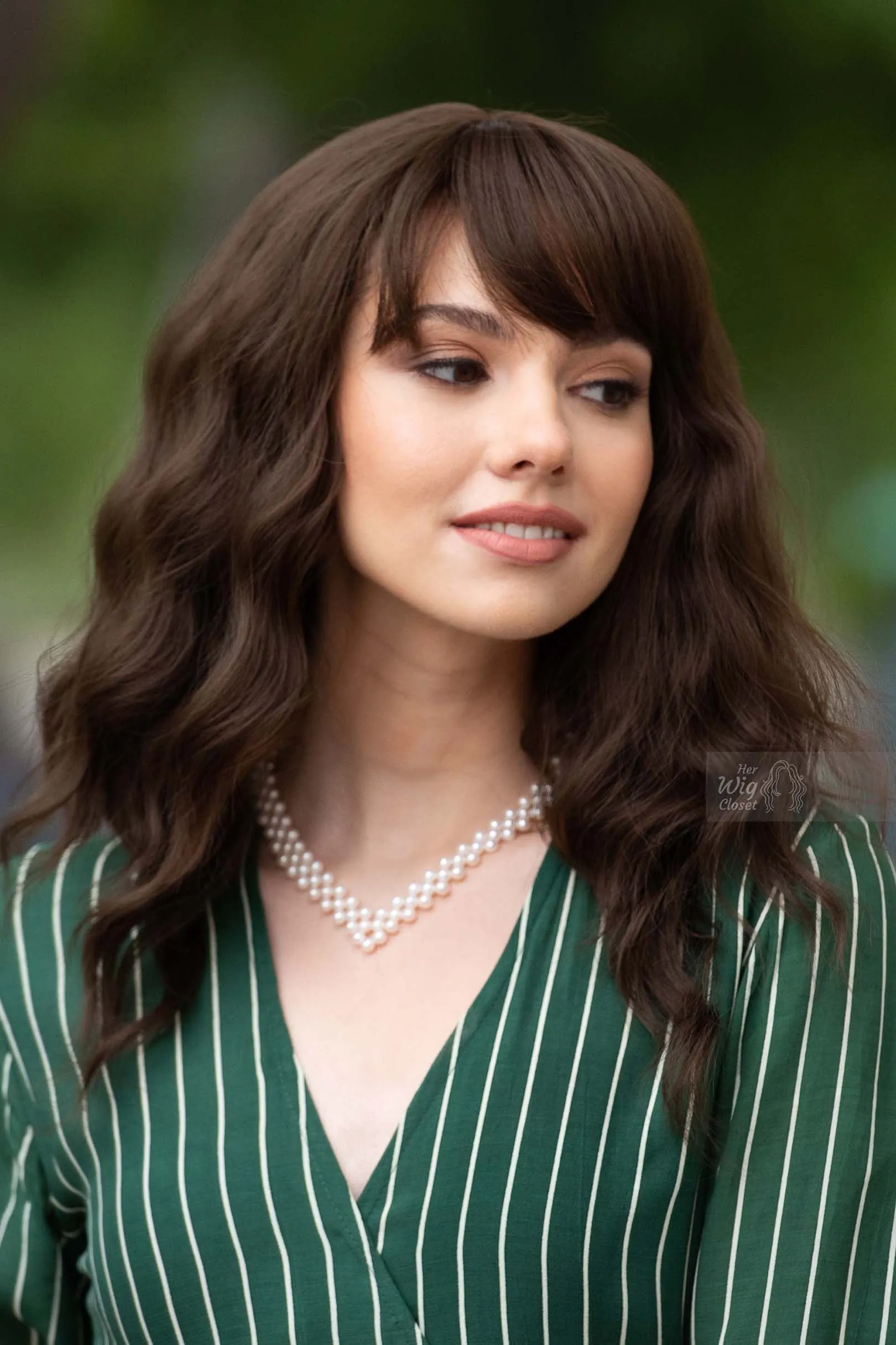 Brunette Dark Brown Wavy Synthetic Wig with Bangs Natalie