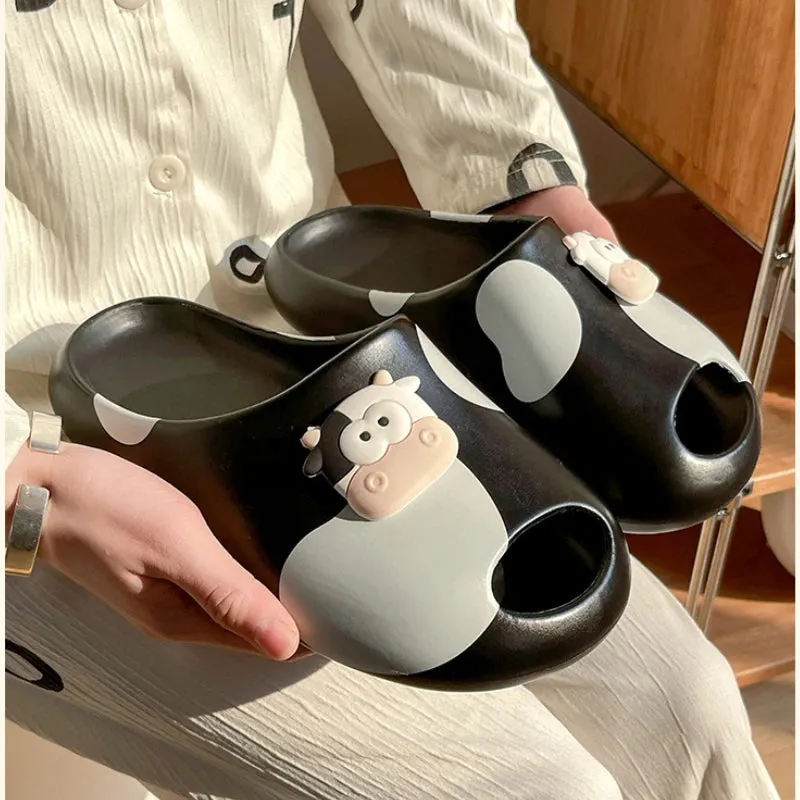 Cute Cartoon Cow Indoor Platform Slippers Women Summer Shoes Thick Sole Anti-slip Home Bathroom Shower Slides For Female