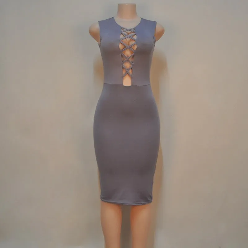Deep V-neck Criss Cross Tank Sleeveless Bodycon Dress