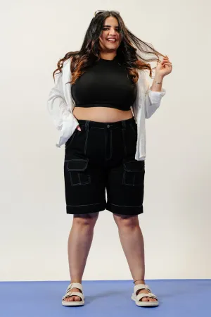 Denim Contrast Stitch Curve Black Shorts