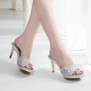 Elegant Mules Summer Slides Thick High Heel Rhinestone Sandals