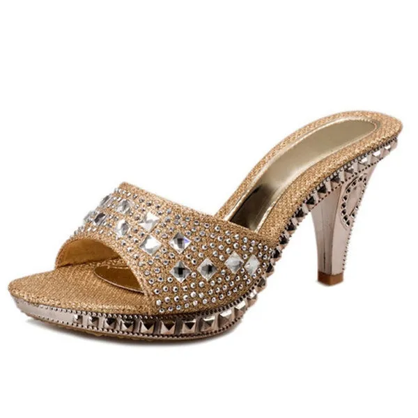 Elegant Mules Summer Slides Thick High Heel Rhinestone Sandals