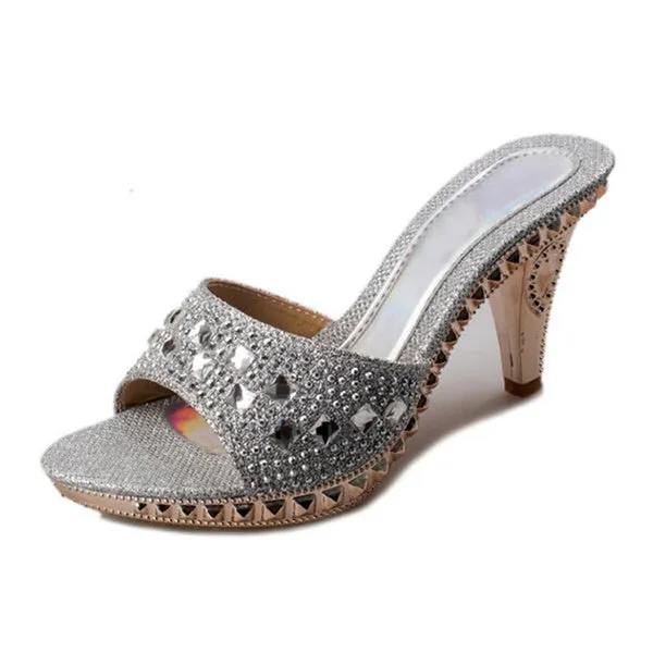 Elegant Mules Summer Slides Thick High Heel Rhinestone Sandals