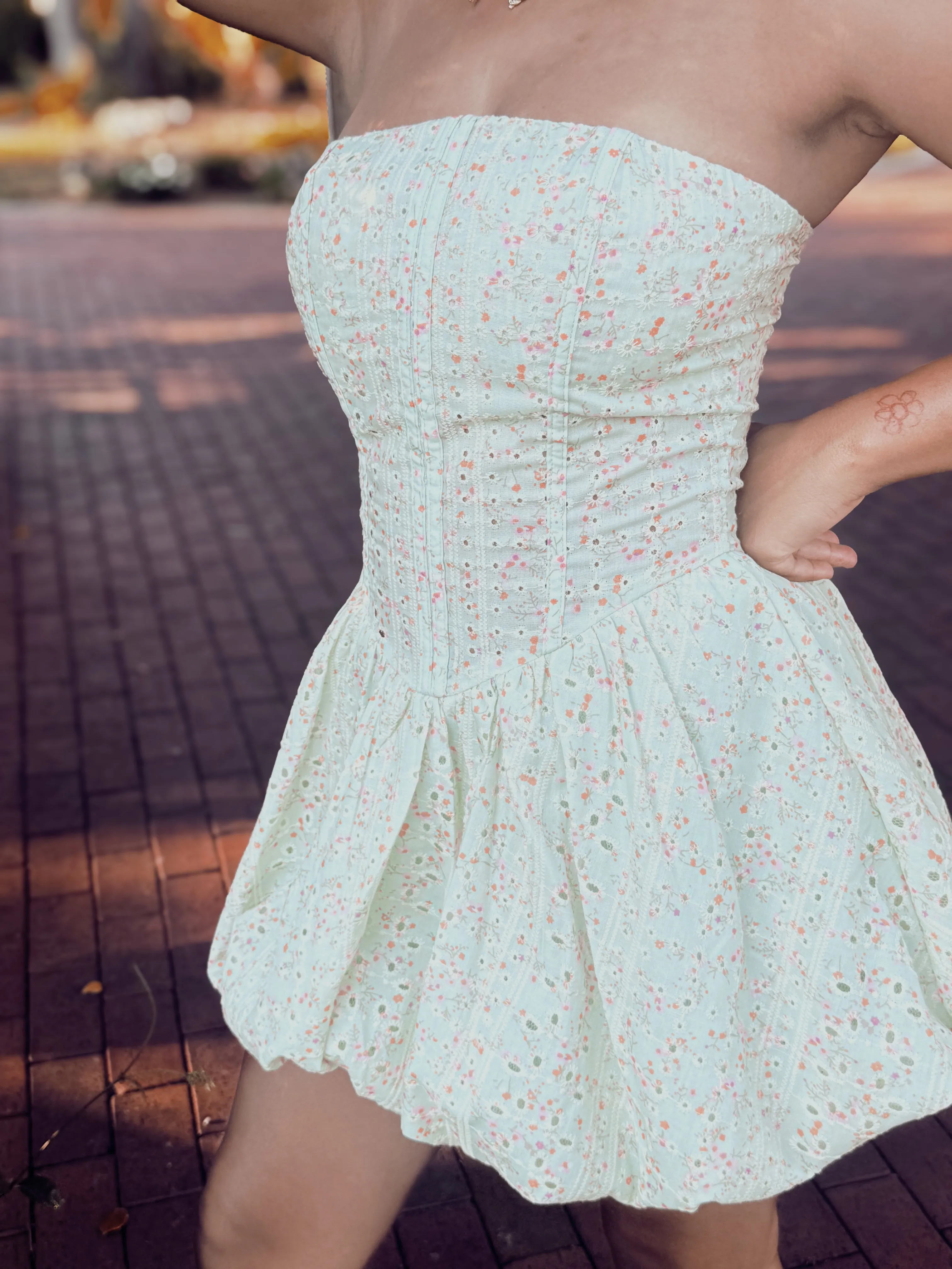 Floral Print Eyelet Mini Dress – Corset-Style with Boning, Bubble Skirt, and Strapless Design