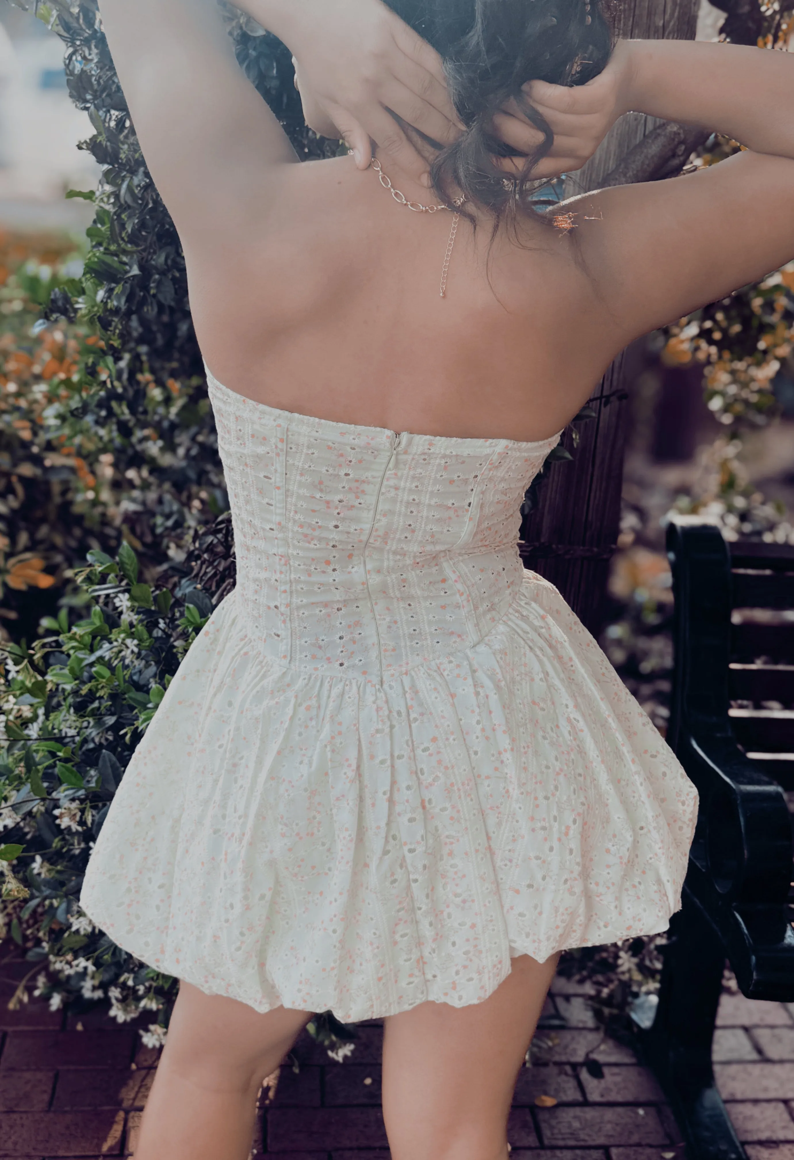 Floral Print Eyelet Mini Dress – Corset-Style with Boning, Bubble Skirt, and Strapless Design