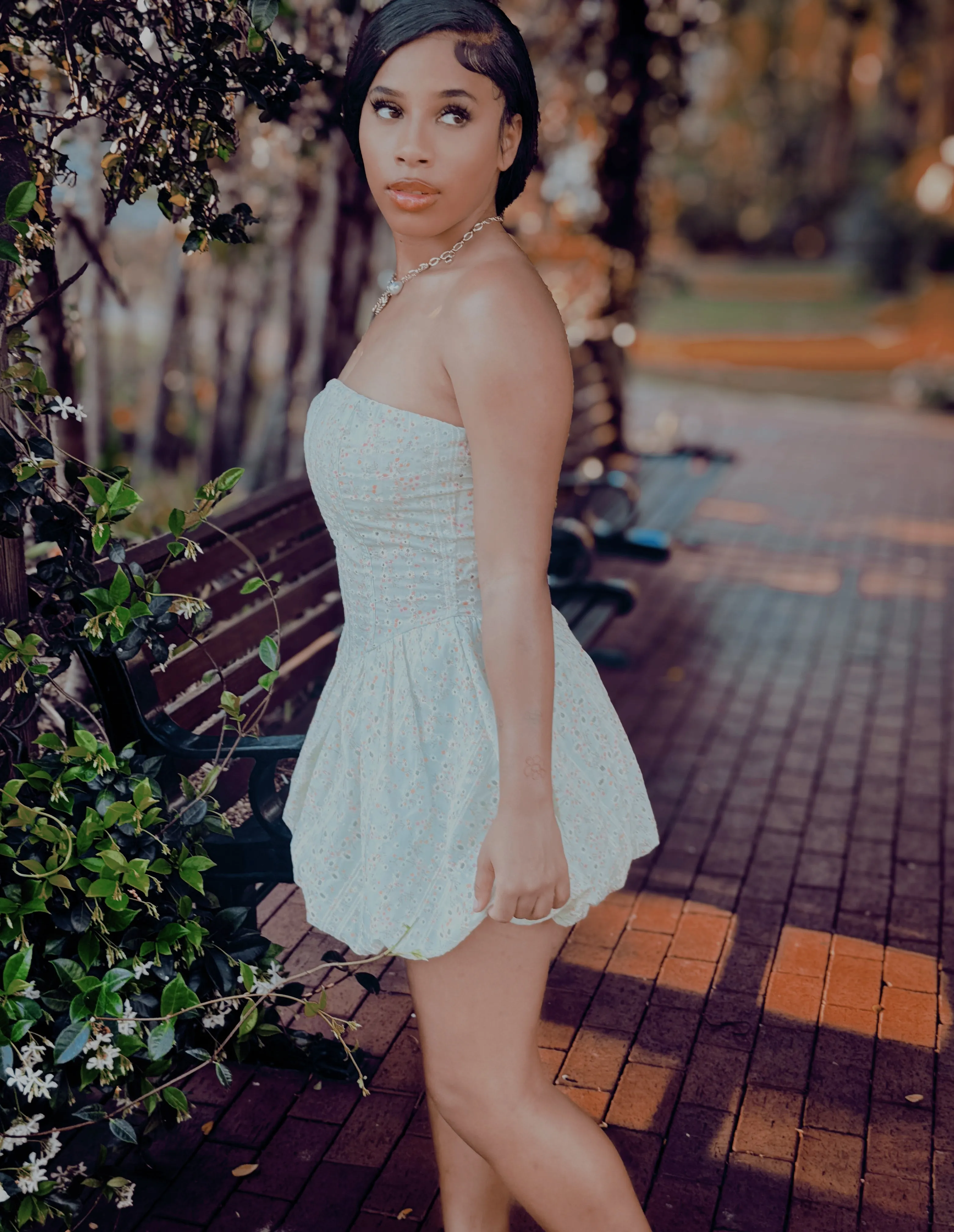 Floral Print Eyelet Mini Dress – Corset-Style with Boning, Bubble Skirt, and Strapless Design