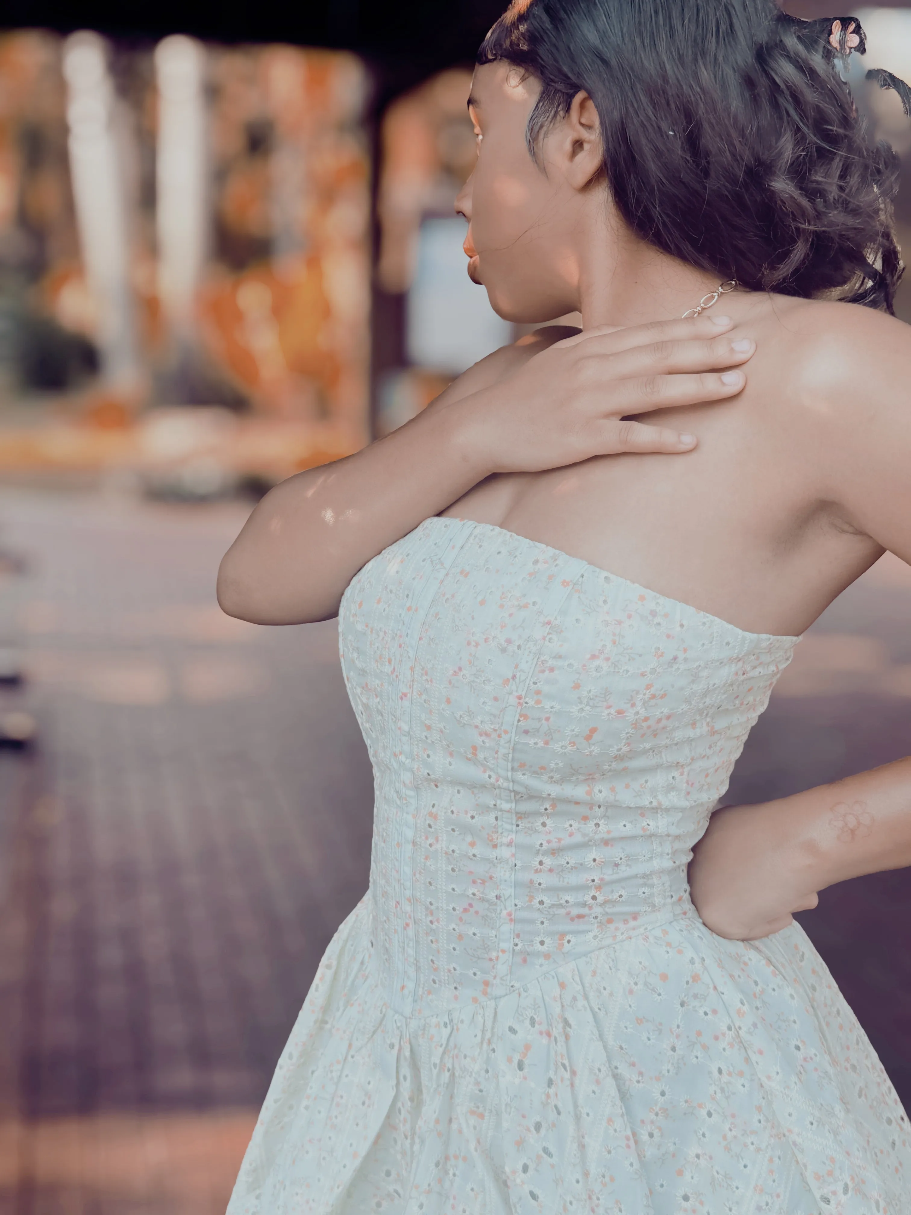 Floral Print Eyelet Mini Dress – Corset-Style with Boning, Bubble Skirt, and Strapless Design