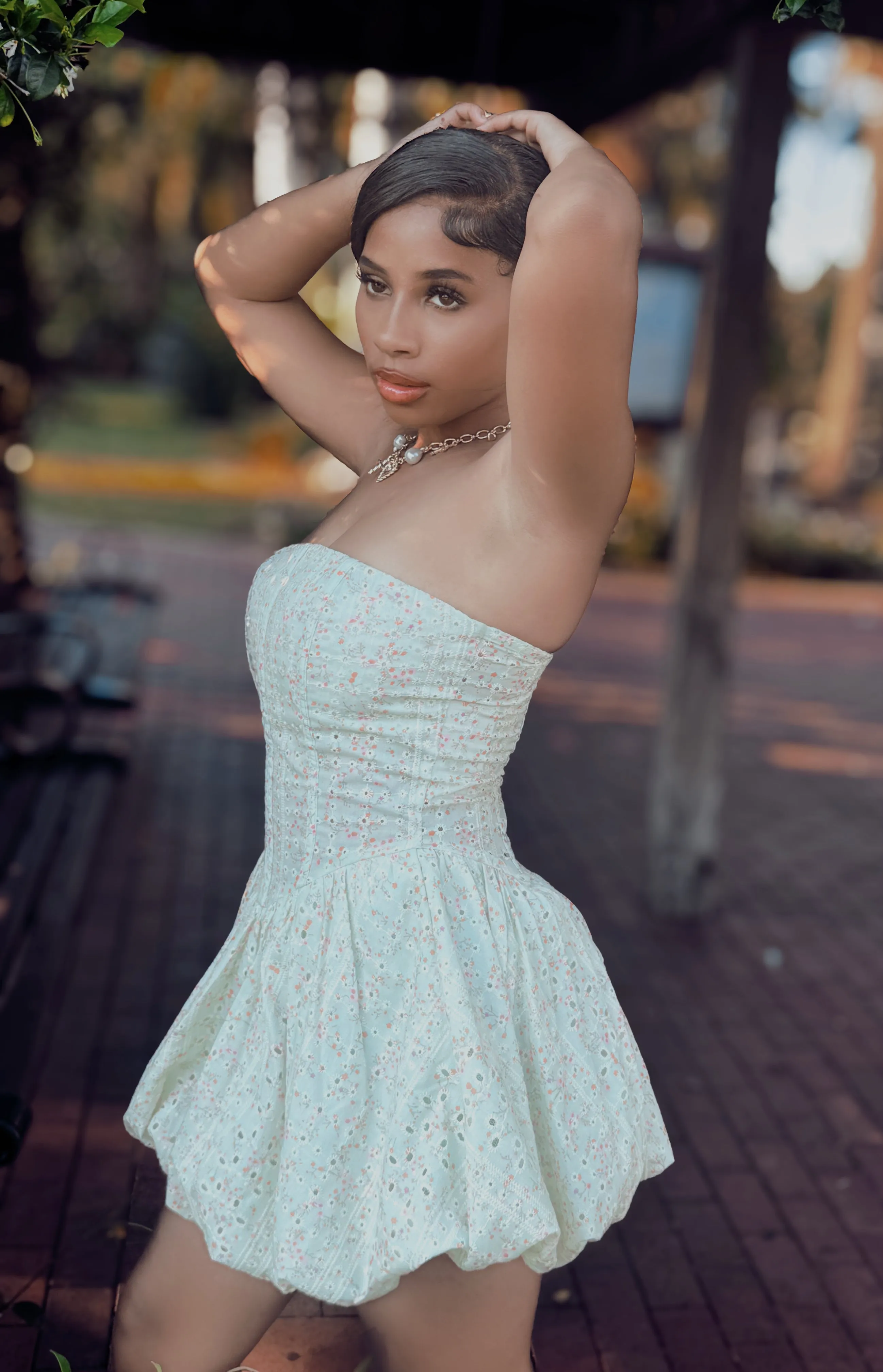 Floral Print Eyelet Mini Dress – Corset-Style with Boning, Bubble Skirt, and Strapless Design
