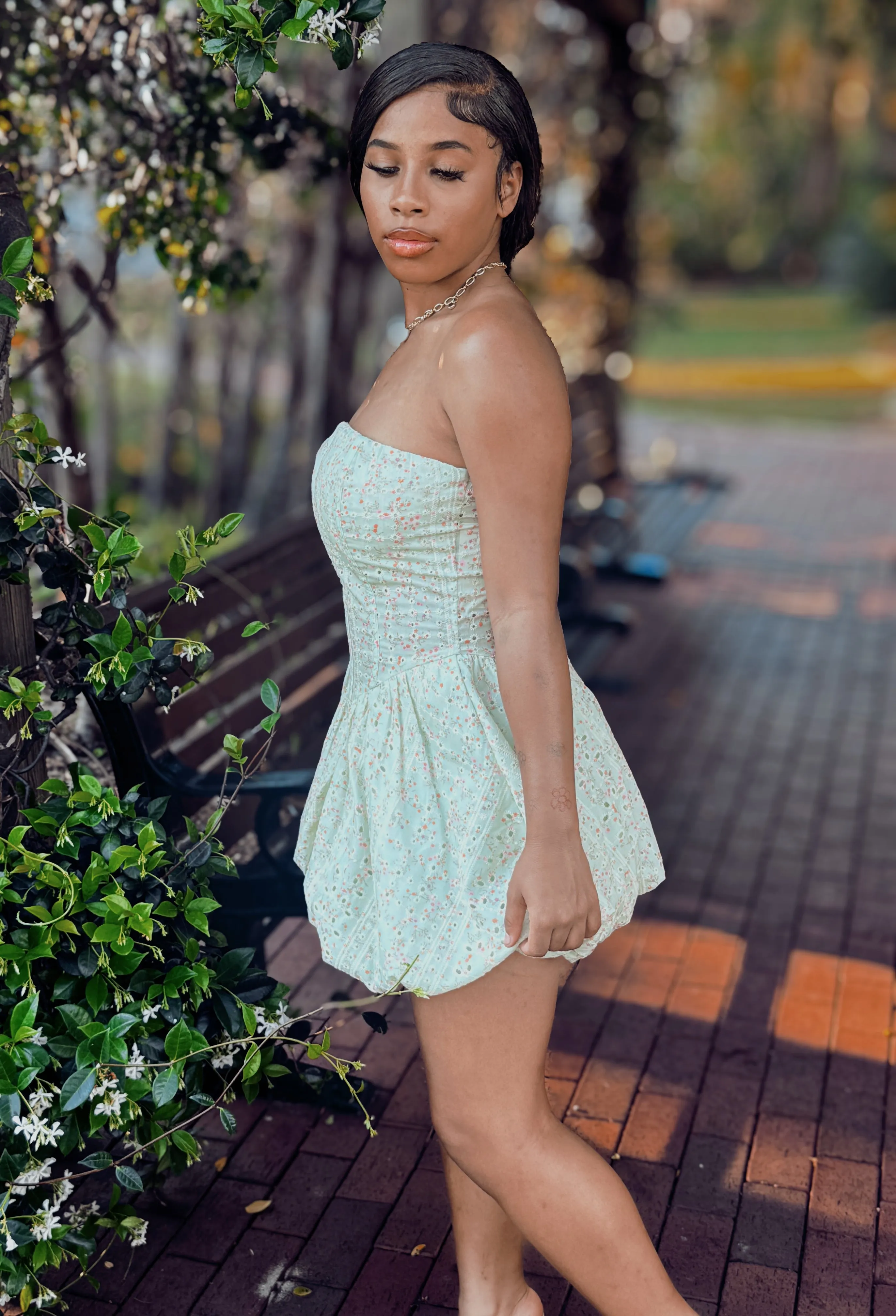 Floral Print Eyelet Mini Dress – Corset-Style with Boning, Bubble Skirt, and Strapless Design