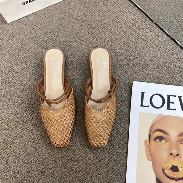 Fretwork Heels Shoes Ladies' Slippers Luxury Slides Cover Toe Slipers Women Female Mule Flat Summer Designer Soft 2024 Mules Cas