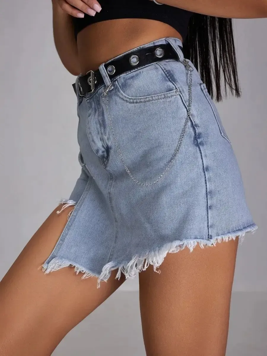 Fury High-Waist Belted Frayed Denim Skort