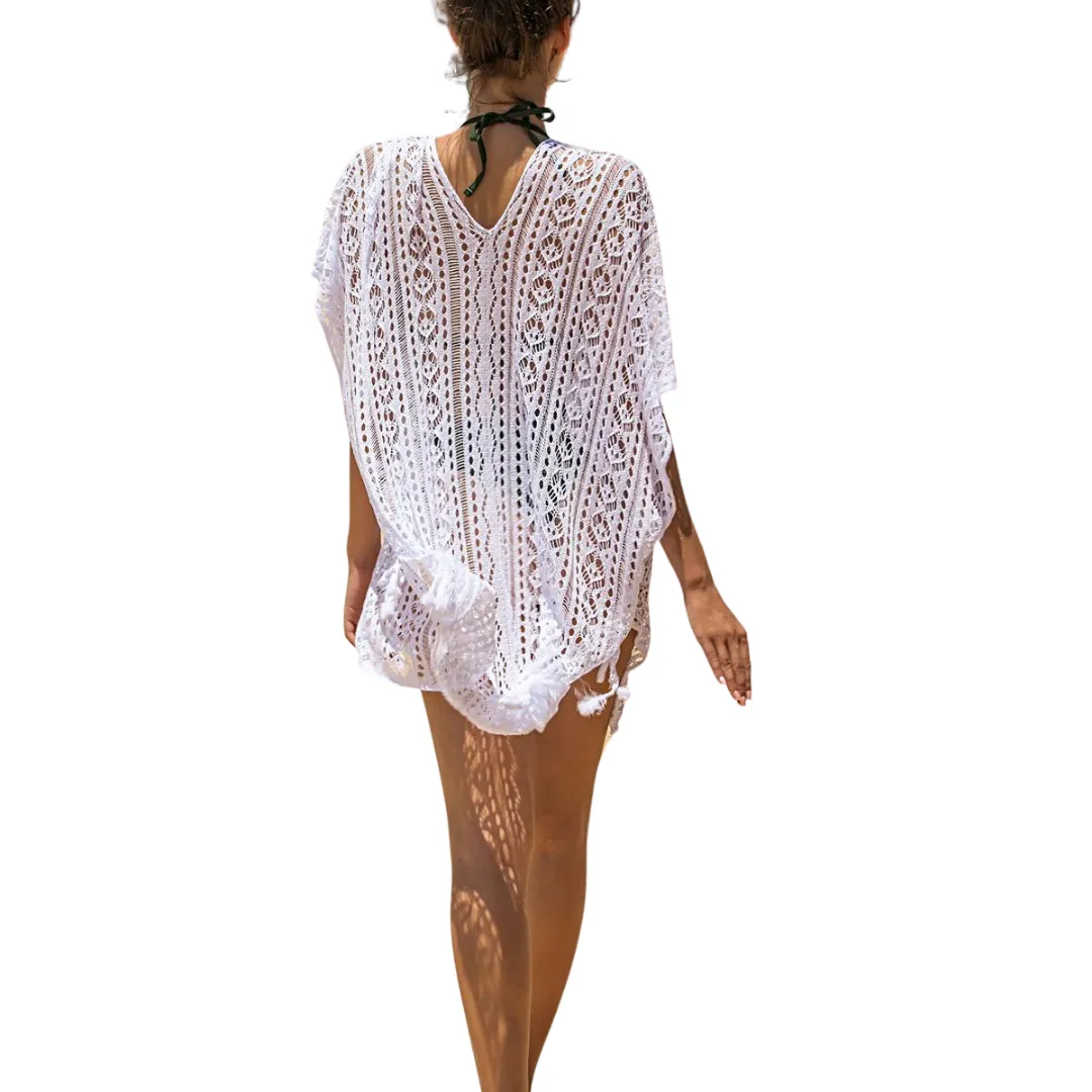 Hollow Out Tassel Bikini Coverups 3/4 Sleeve