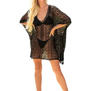 Hollow Out Tassel Bikini Coverups - Black