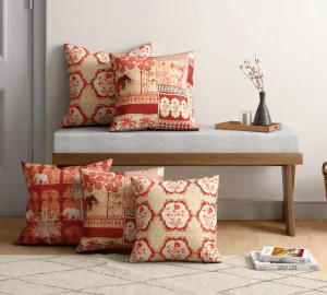 India Circus by Krsnaa Mehta Ancient Haathi Multicolor Printed Decorative Blended Velvet Cushion Pillow Cover for Couch, Sofa, Bed Set of 5 (12 x 12 Inches)