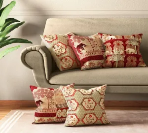 India Circus by Krsnaa Mehta Ancient Haathi Multicolor Satin Blend Cushion Pillow Covers Set of 5 (16 x 16 Inches)