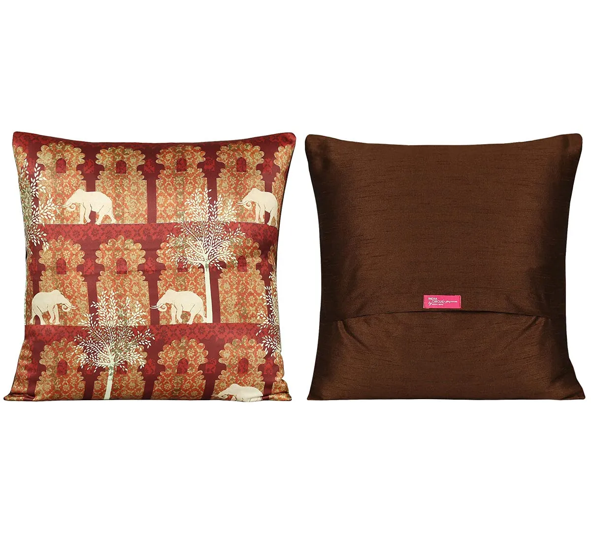 India Circus by Krsnaa Mehta Ancient Haathi Multicolor Satin Blend Cushion Pillow Covers Set of 5 (16 x 16 Inches)