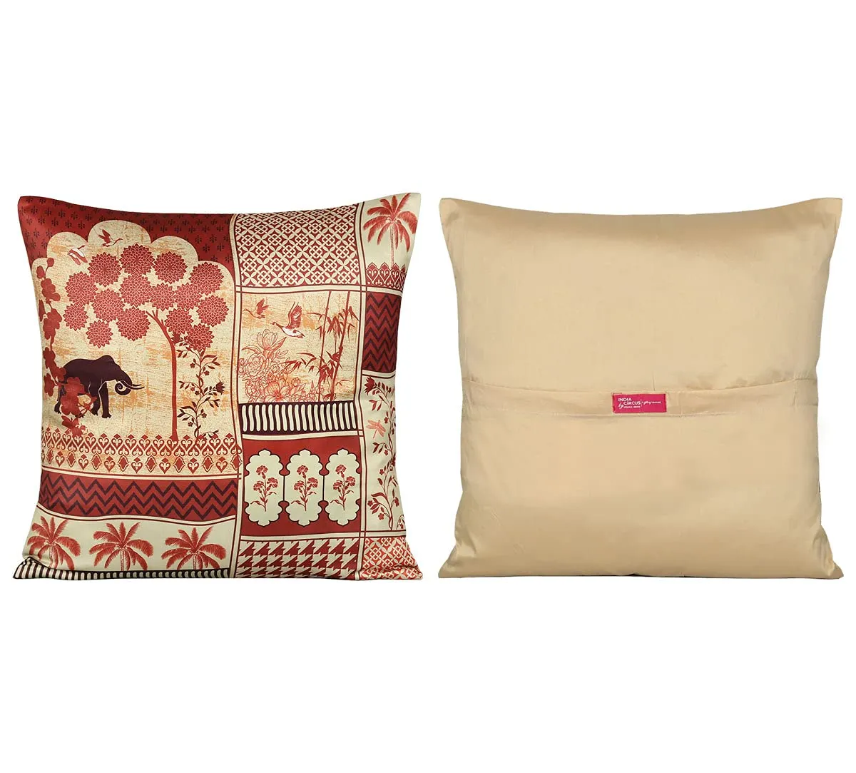 India Circus by Krsnaa Mehta Ancient Haathi Multicolor Satin Blend Cushion Pillow Covers Set of 5 (16 x 16 Inches)