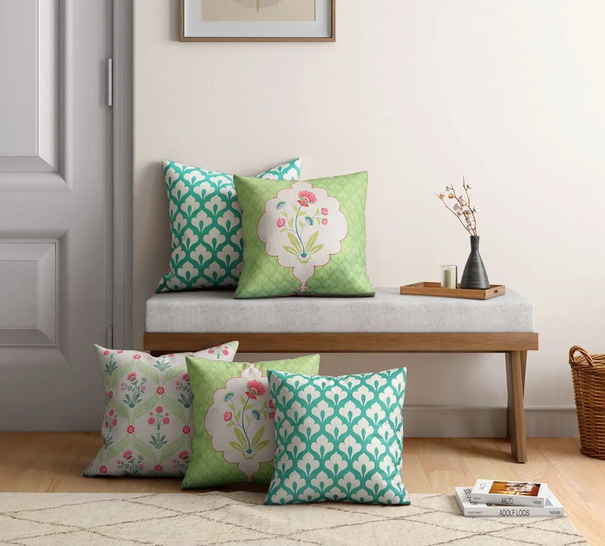 India Circus by Krsnaa Mehta Blooming Dahlia Multicolor Satin Blend Blended Tafetta Silk Cushion Pillow Covers Set of 5 (18 x 18 Inches)