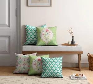 India Circus by Krsnaa Mehta Blooming Dahlia Multicolor Satin Blend Blended Tafetta Silk Cushion Pillow Covers Set of 5 (18 x 18 Inches)