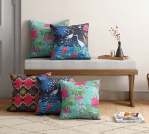 India Circus by Krsnaa Mehta Blooms & Swans Multicolor Printed Decorative Blended Velvet Cushion Pillow Cover for Couch, Sofa, Bed Set of 5 (16 x 16 Inches)